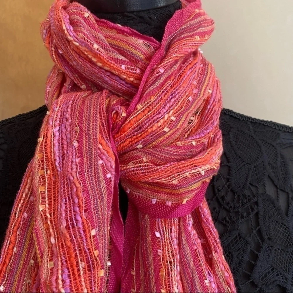 Macy’s Magenta Pink Tangerine Orange Metallic Woven Lightweight Skinny Scarf